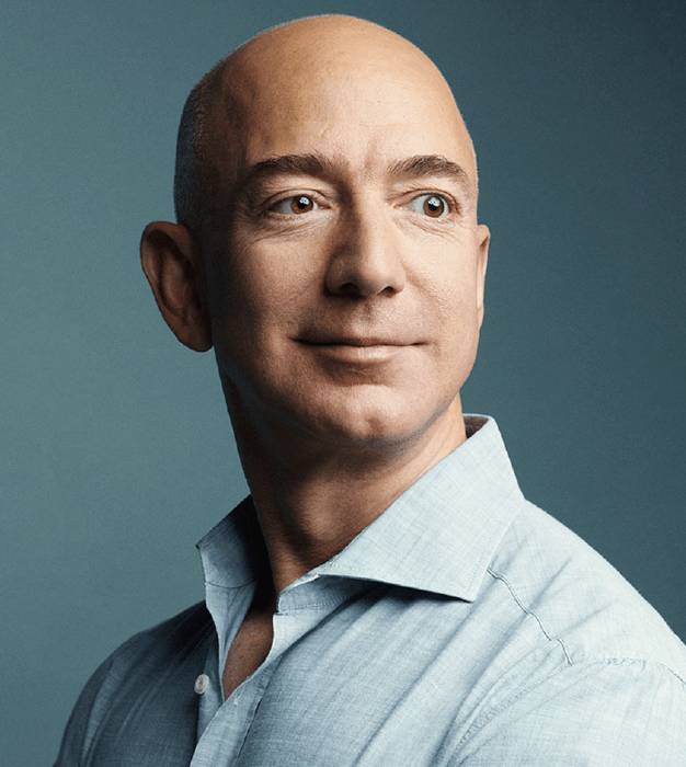 Amazon's Jeff Bezos standing next to white text that reads "5 facts about Jeff Bezos"