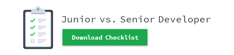An illustration of a checklist next to the words "Junior vs. Senior Developer"