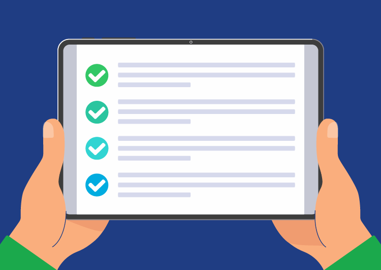 Illustration of a pair of hands holding a tablet that shows a checklist