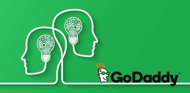 A line drawing of two connected heads with lightbulbs that has gears and wheels inside, where their brains would be with GoDaddy's logo to the right