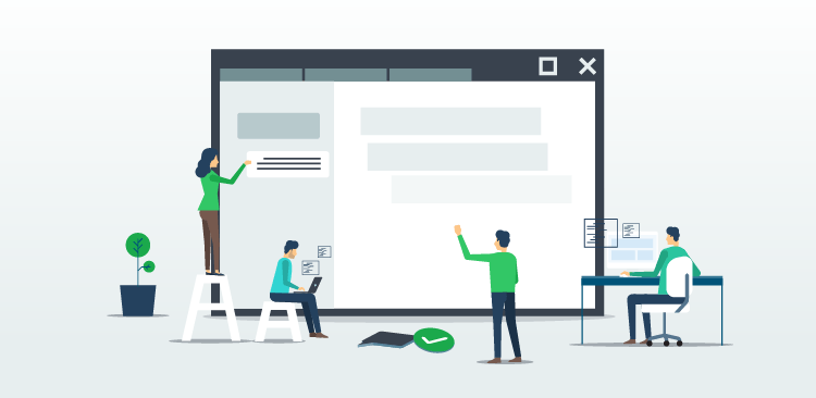 An illustration of a giant browser window, with some people holding up their hands to the window and some working on their workstations