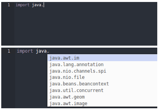 An IDE showing a list of package names to include after "import java."