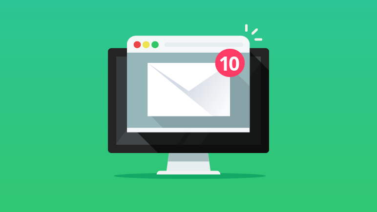 Illustration of a desktop monitor with its screen showing an icon that implies 10 unread emails