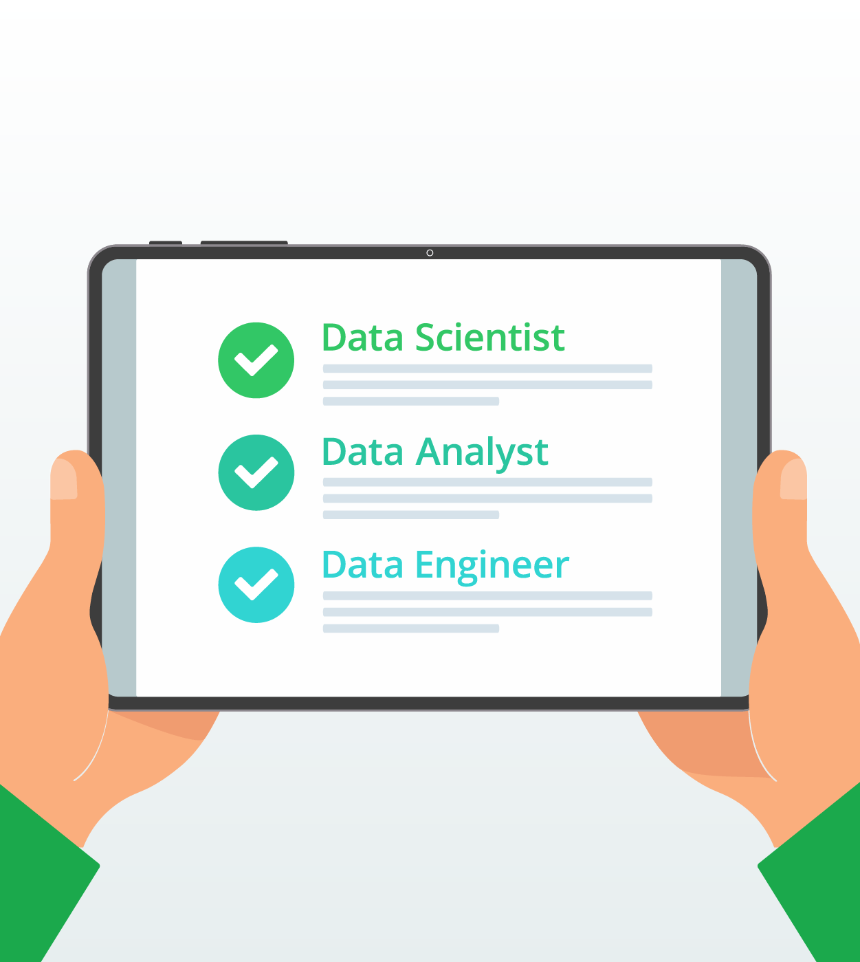A pair of hands holding a tablet that lists the job titles Data Scientist, Data Analyst and Data Engineer on its screen