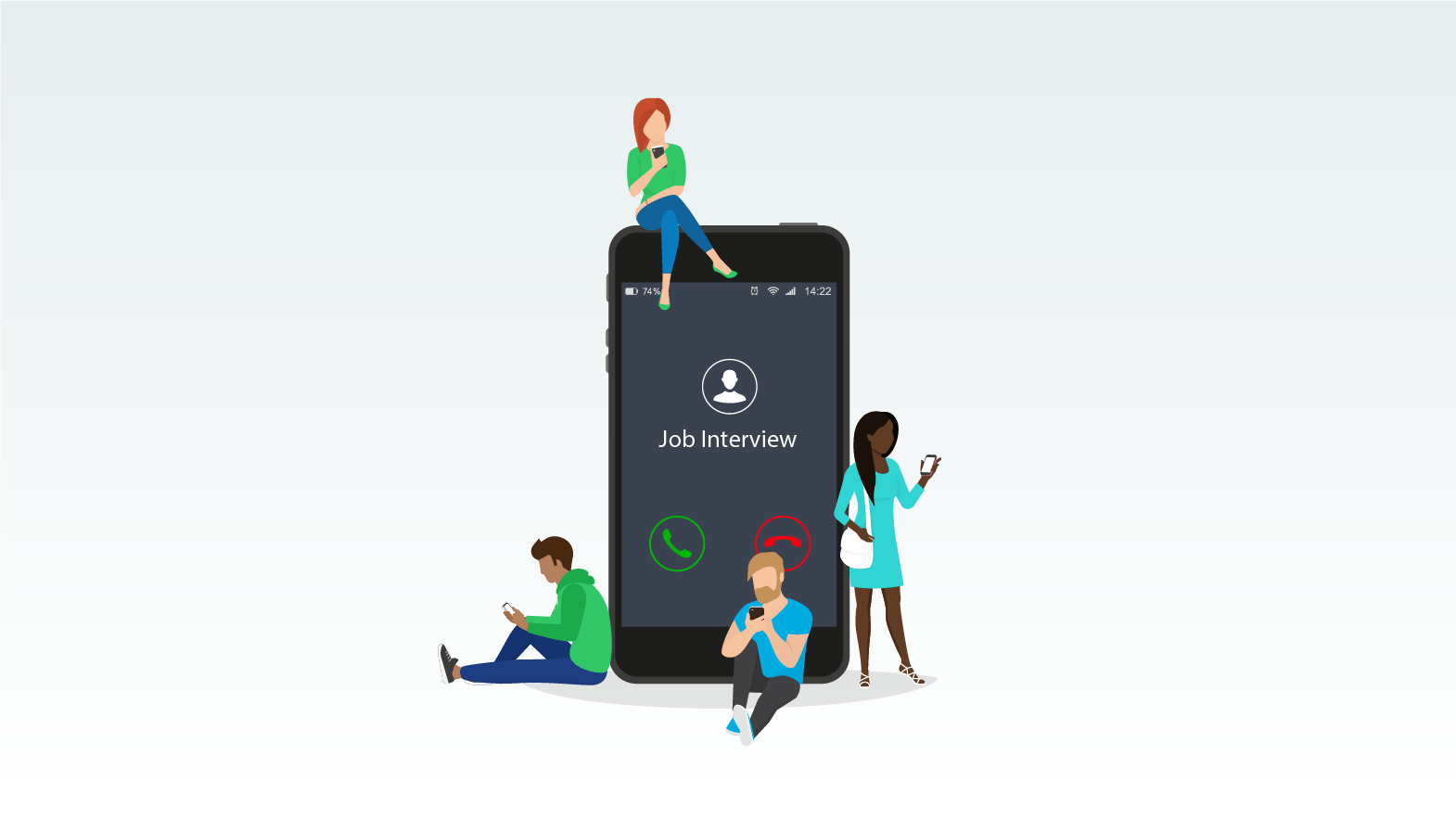 An illustration of a giant smartphone showing an incoming call interface reading "Job Interview" with four people surrounding the phone