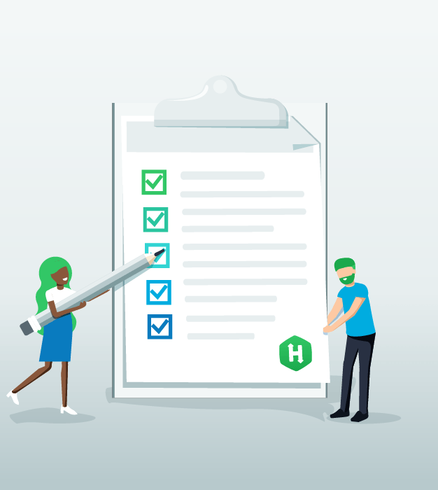 Illustration of a giant checklist containing Hackerrank's logo, with one person on the left holding up a pencil to it