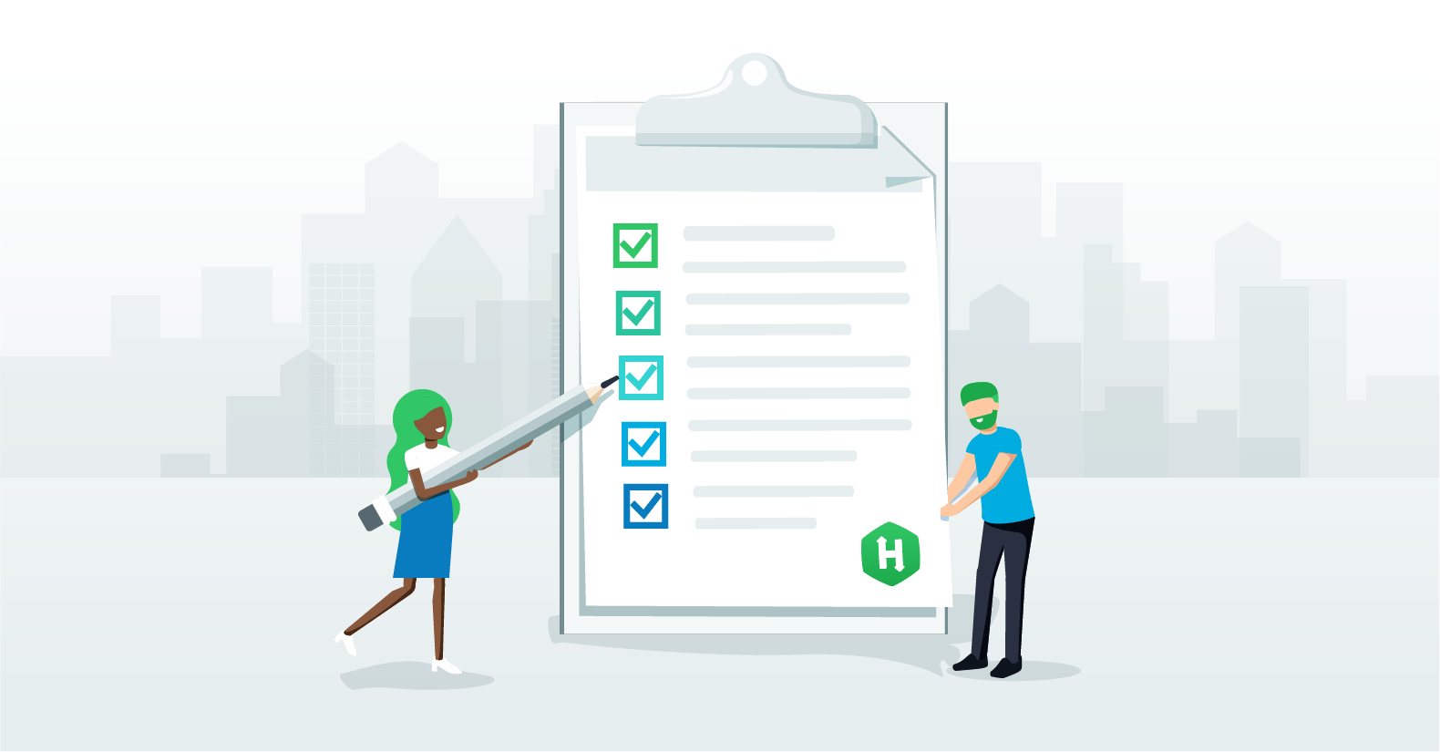 Illustration of a giant checklist containing Hackerrank's logo, with one person on the left holding up a pencil to it