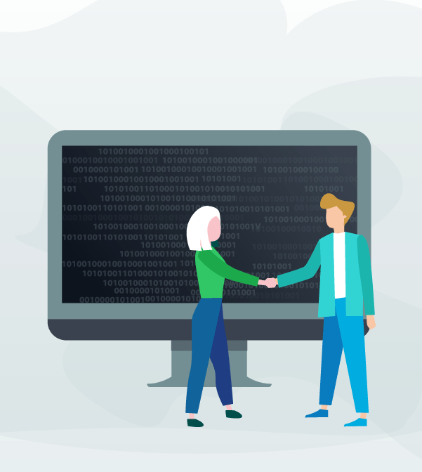 Illustration of two people shaking heads in front of a giant screen with binary digits on it, with two people standing to its side holding a spanner and a laptop