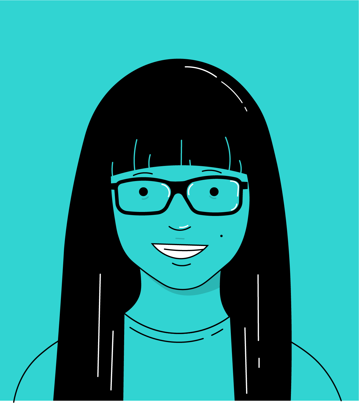 Illustration of a headshot of a smiling girl sporting bangs, and glasses