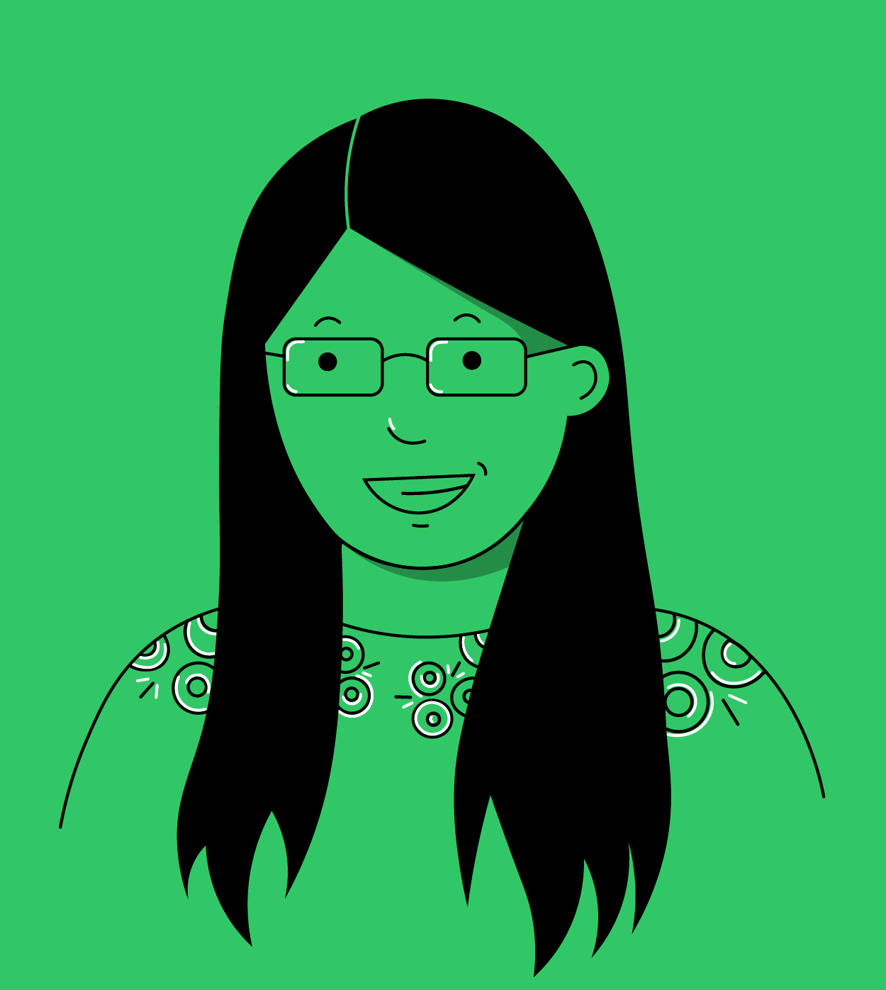 Illustration of a headshot of a smiling girl wearing glasses, and a top with 