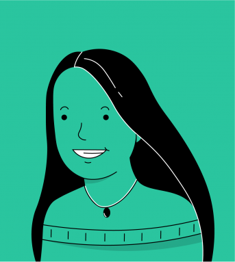 Illustration of headshot of a smiling woman wearing an off-shoulder sweater