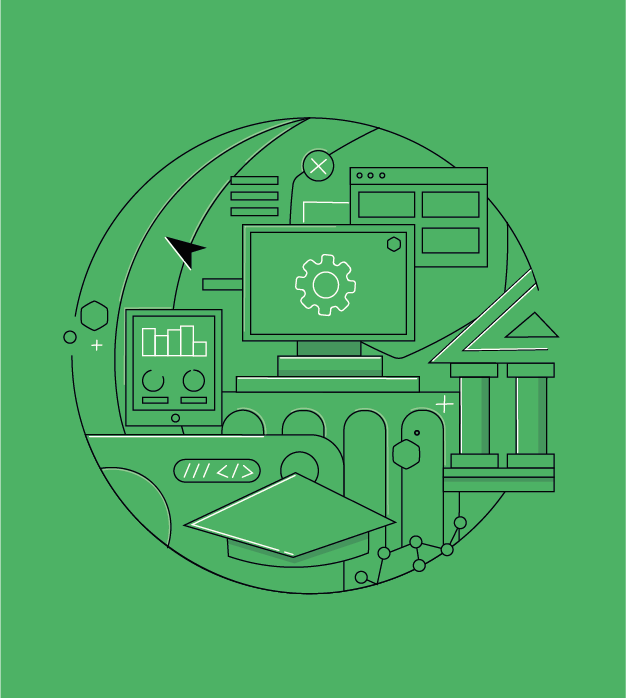 An illustration of a circle containing items like a graduation cap and a desktop monitor