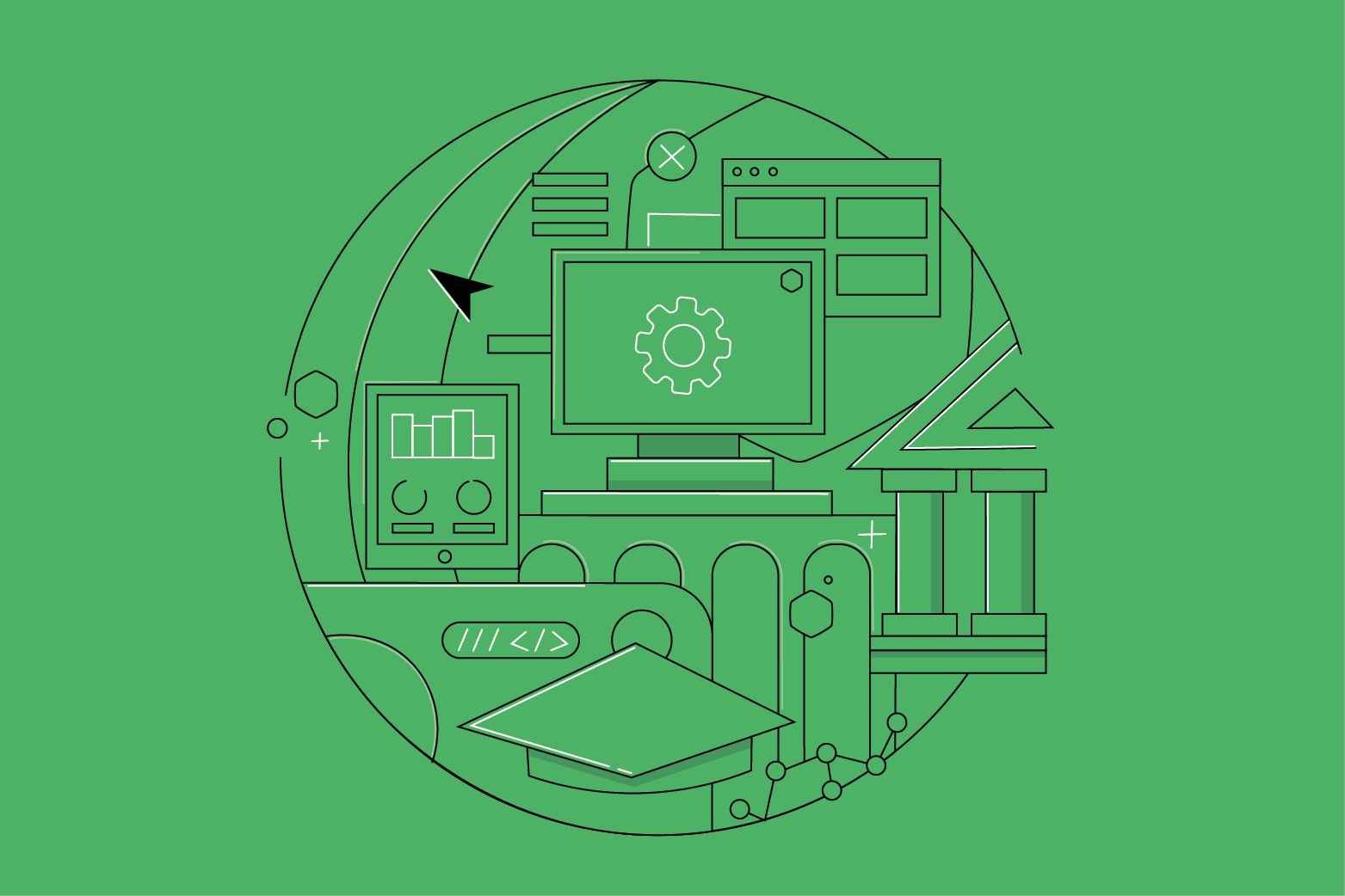 An illustration of a circle containing items like a graduation cap and a desktop monitor