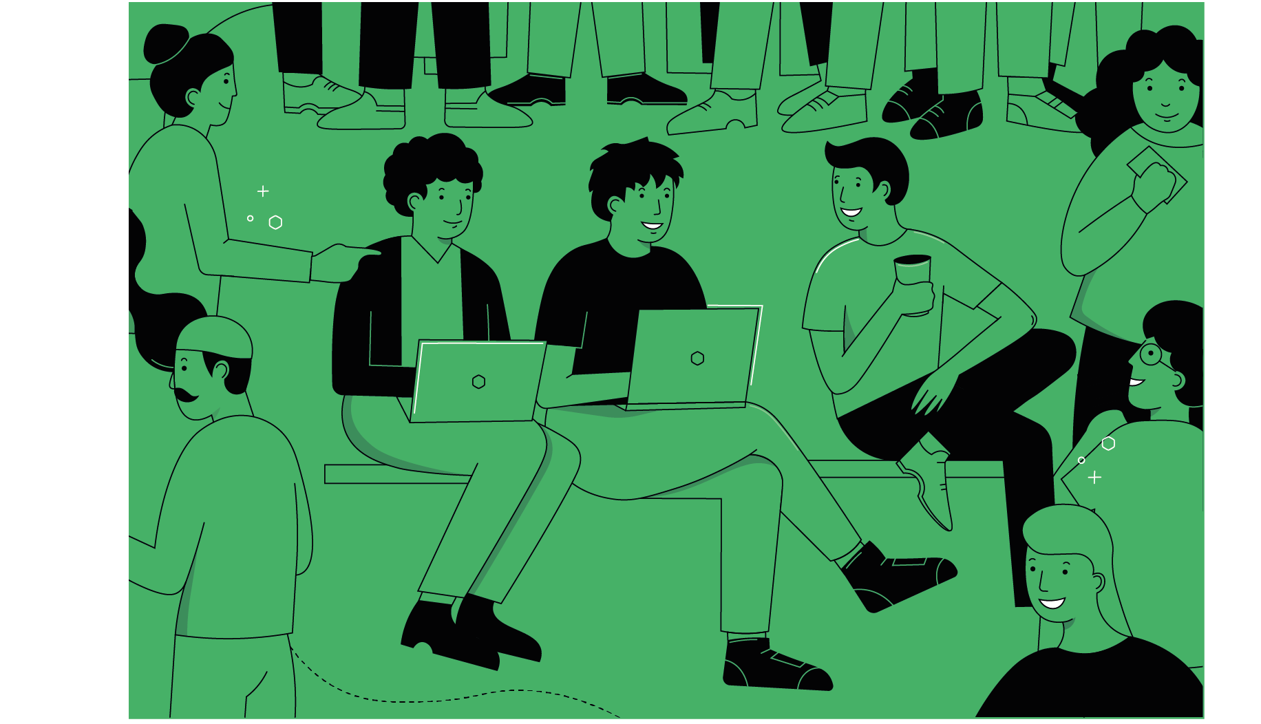 Illustration of three people on a bench out of which two are working on their laptops, with a bunch of people surrounding them