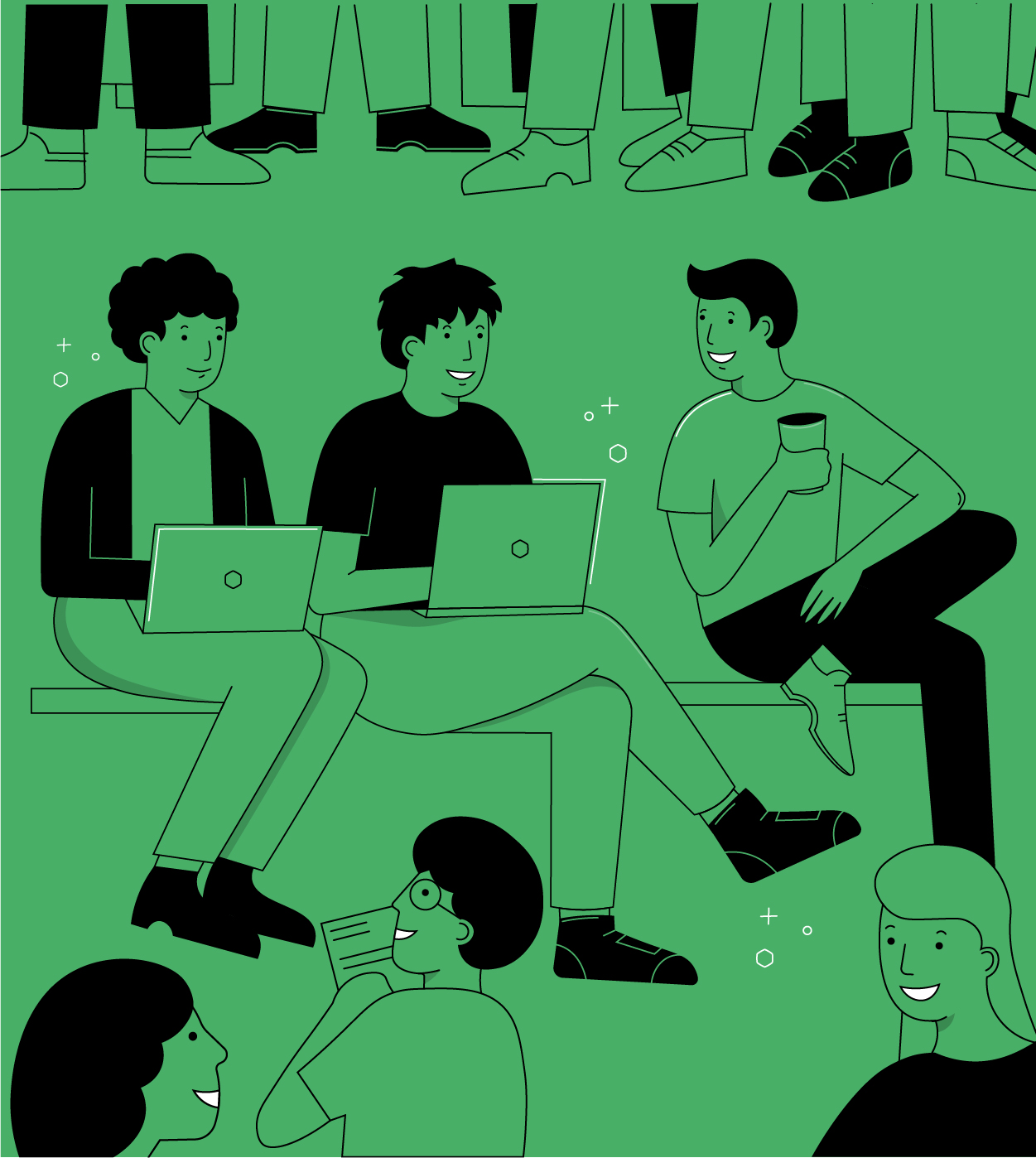 Illustration of three people on a bench out of which two are working on their laptops, with a bunch of people surrounding them