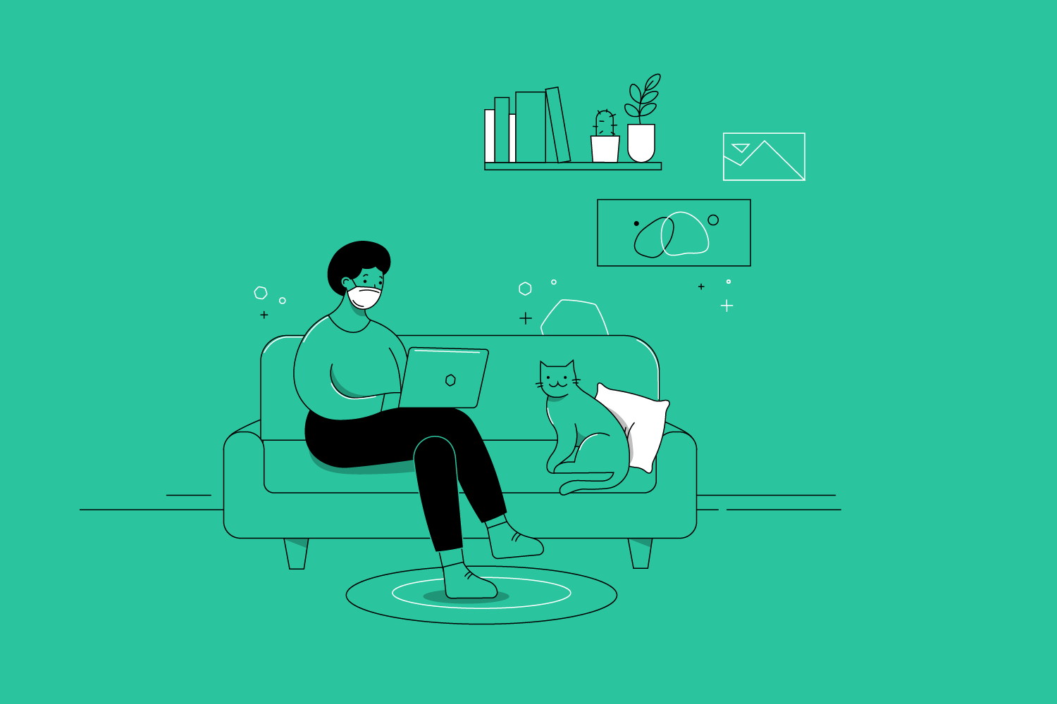 Illustration of a person wearing a mask, sitting on their sofa with a laptop along with a cat