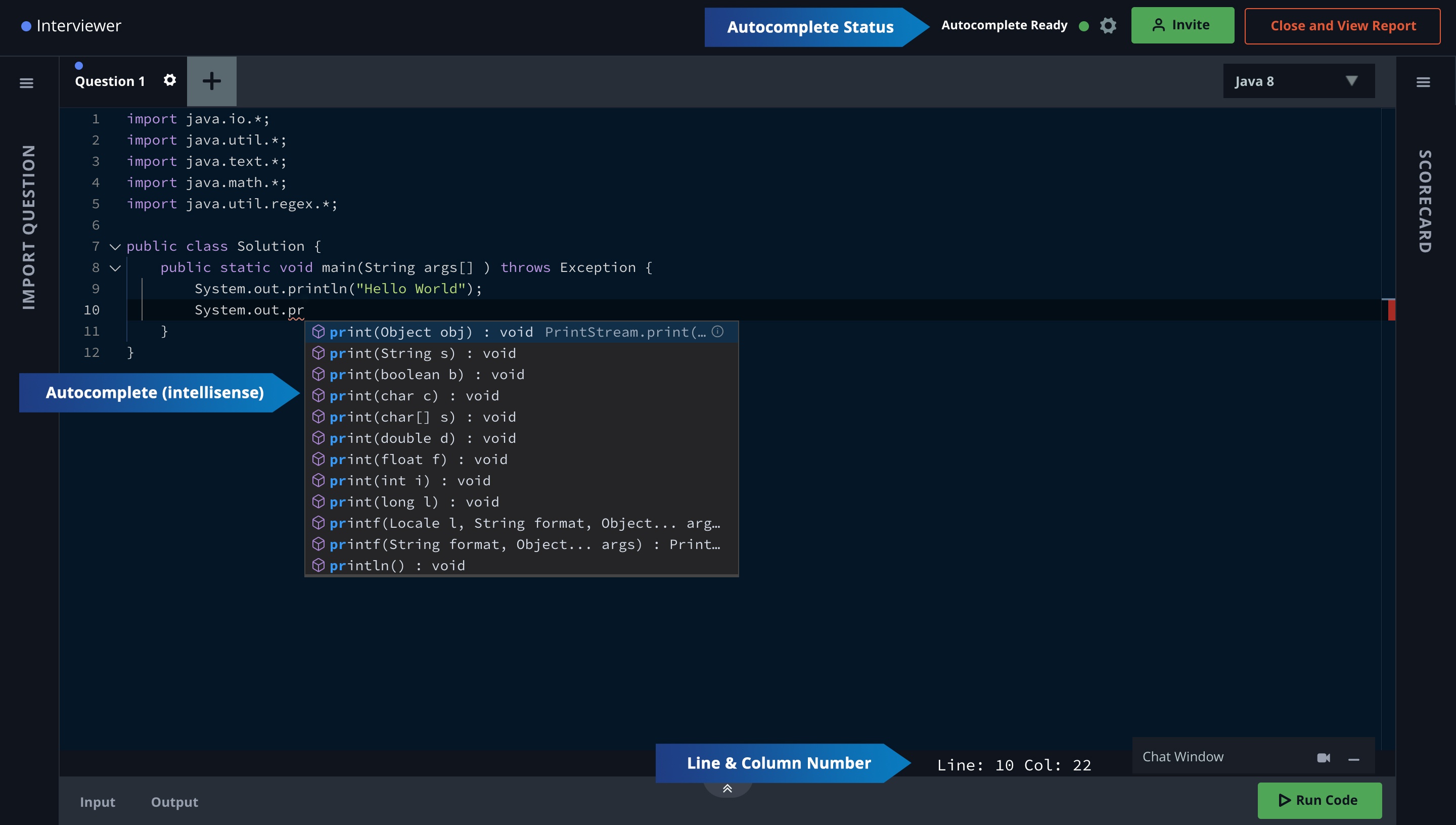 Screenshot of Hackerrank IDE showing autocomplete by Intellisense feature