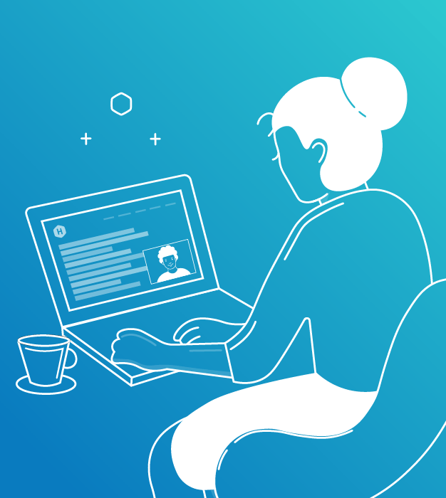 Illustration of the back view of a woman working on a laptop
