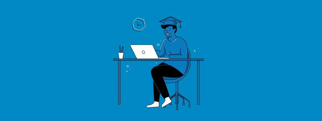 Illustration of a student wearing a graduation cap, seated on a desk with a laptop