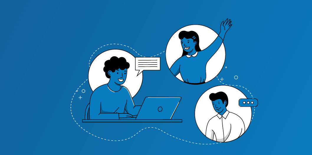 Illustration of three people working on laptops in a blue background