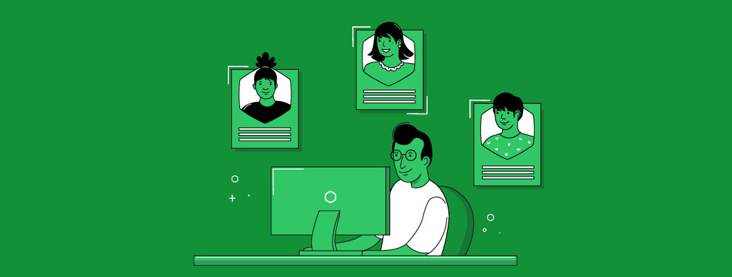 Illustration of a smiling man sitting in front of a desktop monitor, with three floating images of headshots of people surrounding him
