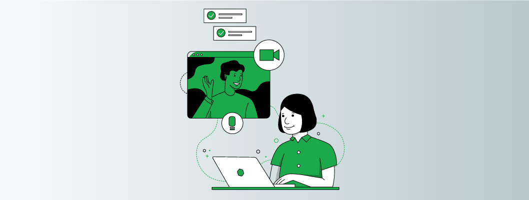 Illustration of a woman smiling at her laptop, with a floating image of a man waving in a video call interface