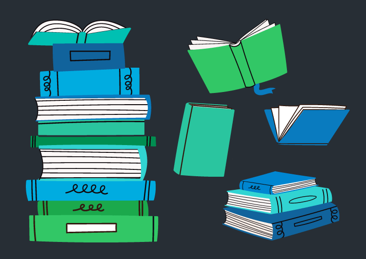 stacked and opened books with black background