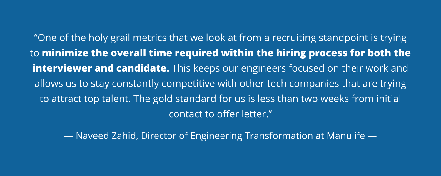 A quote from Manulife's Director of Engineering Transformation, Naveed Zahid about minimizing overall time of hiring process at Manulife
