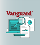 Illustration of a laptop, a magnifying glass and sheets of paper and the word "Vanguard" written on top