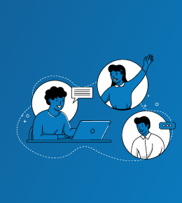 Illustration of three people working on laptops in a blue background