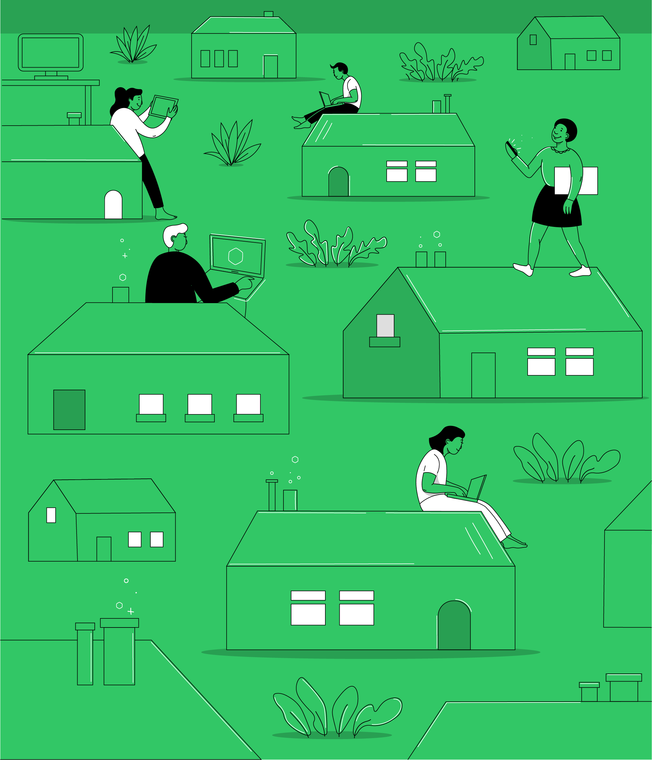 Illustration of four people using different gadgets, dispersed around and near houses