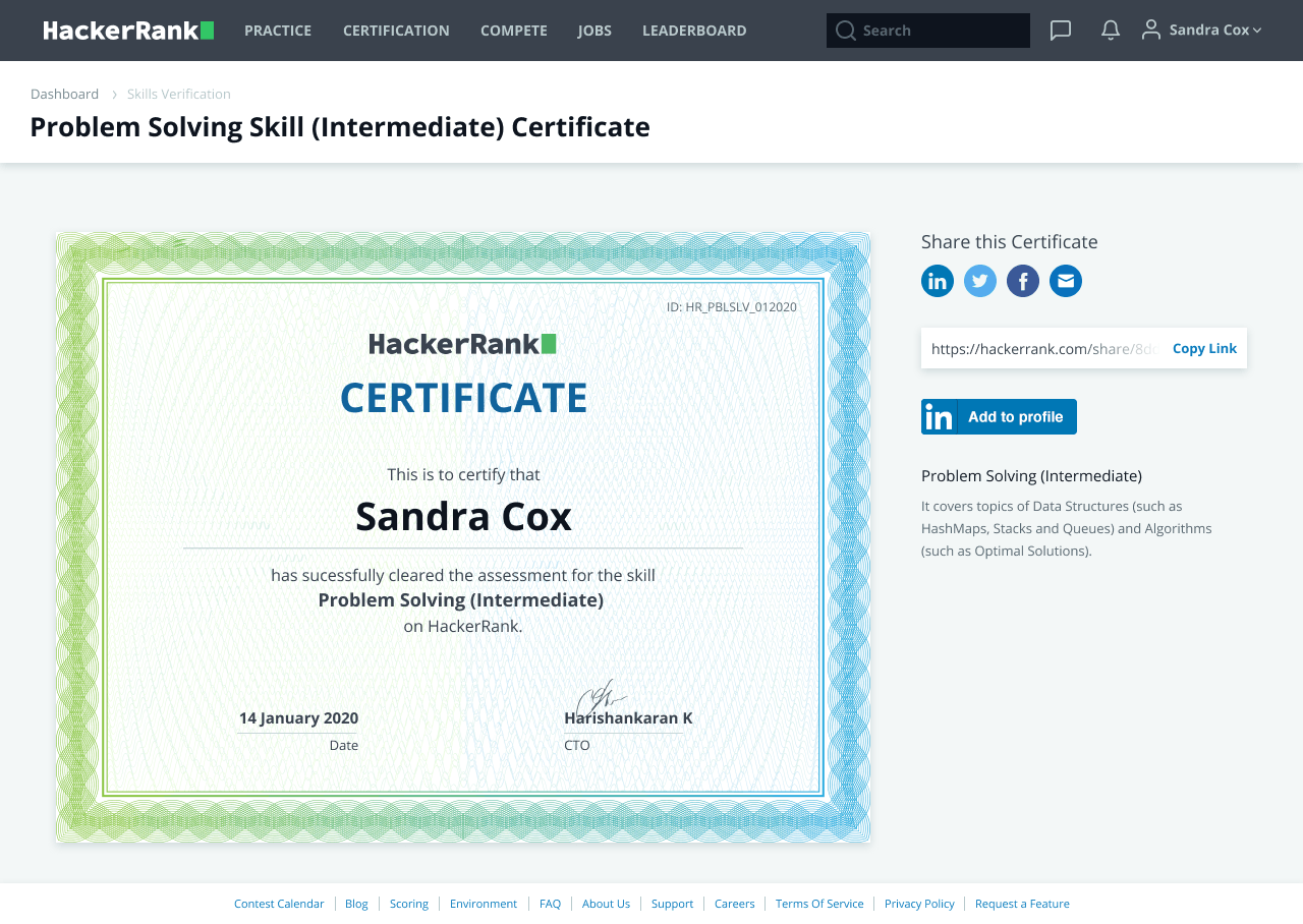 Sample HackerRank Problem Solving Skill (Immediate) Certificate 