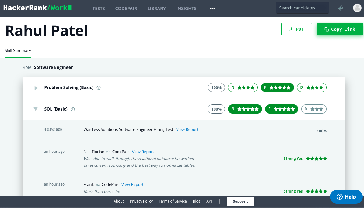 Skill summary of an example candidate "Rahul Patel" in Hackerrank for Work