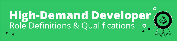 Medal with cube icon, text reads high demand developer role definitions and qualifications