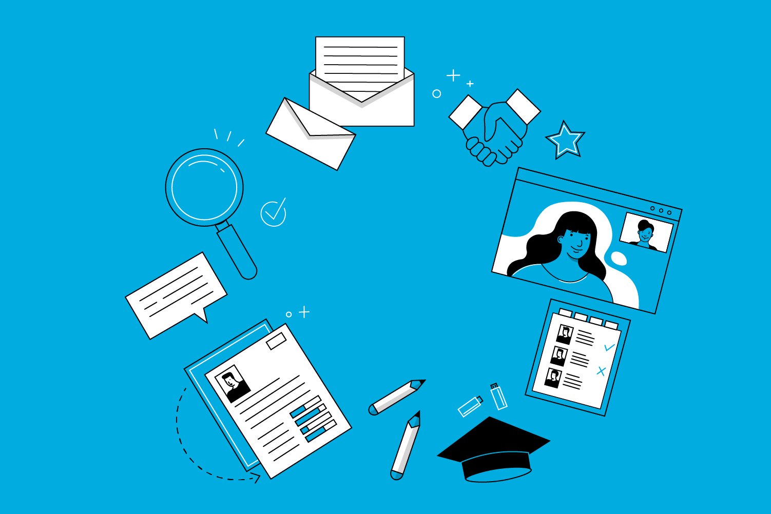 Illustrations of a handshake, an academic cap, an envelope, and other stationery 