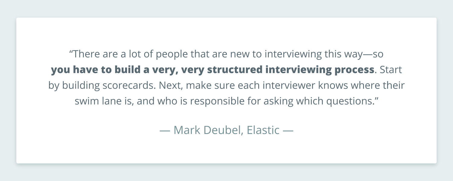 Quote from Mark Deubel that reads: “There are a lot of people that are new to interviewing this way—so you have to build a very, very structured interviewing process. Start by building scorecards. Next, make sure each interviewer knows where their swim lane is, and who is responsible for asking which questions.”