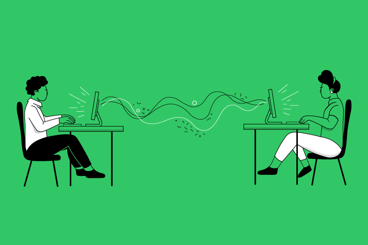 Illustration of two people sitting opposite to each other on desks with laptops on them, with lines connecting the two systems