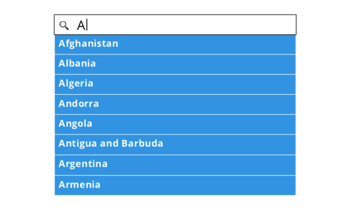A search box dropdown listing countries whose names start with the letter A