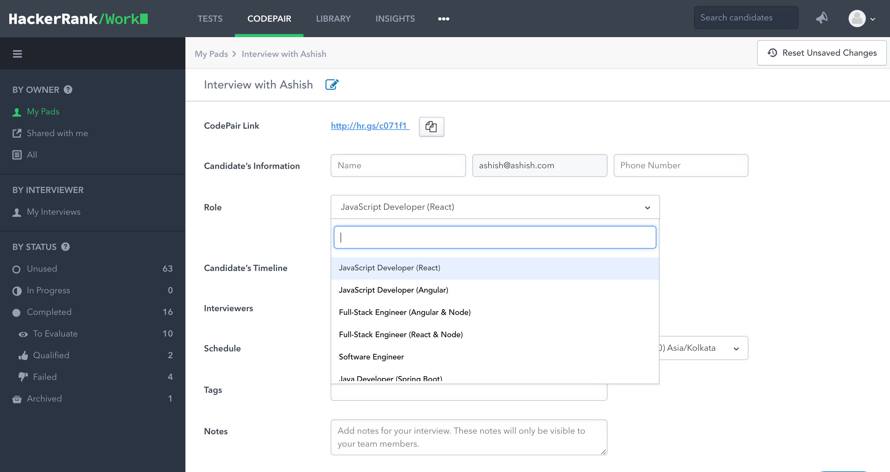 Screencapture of HackerRank CodePair interview creation screen, complete with new role selection options