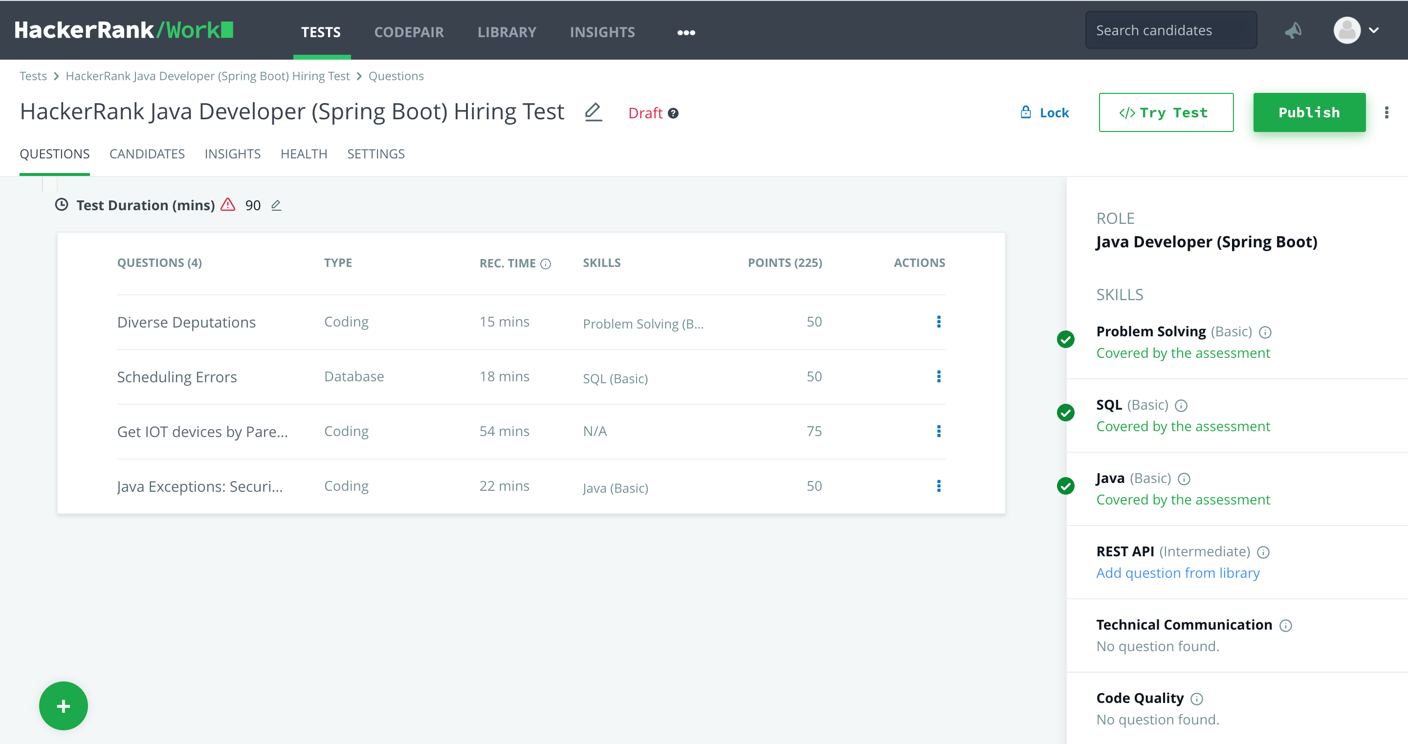 Screenshot of the HackerRank platform showing the new skills-based test creation capabilities