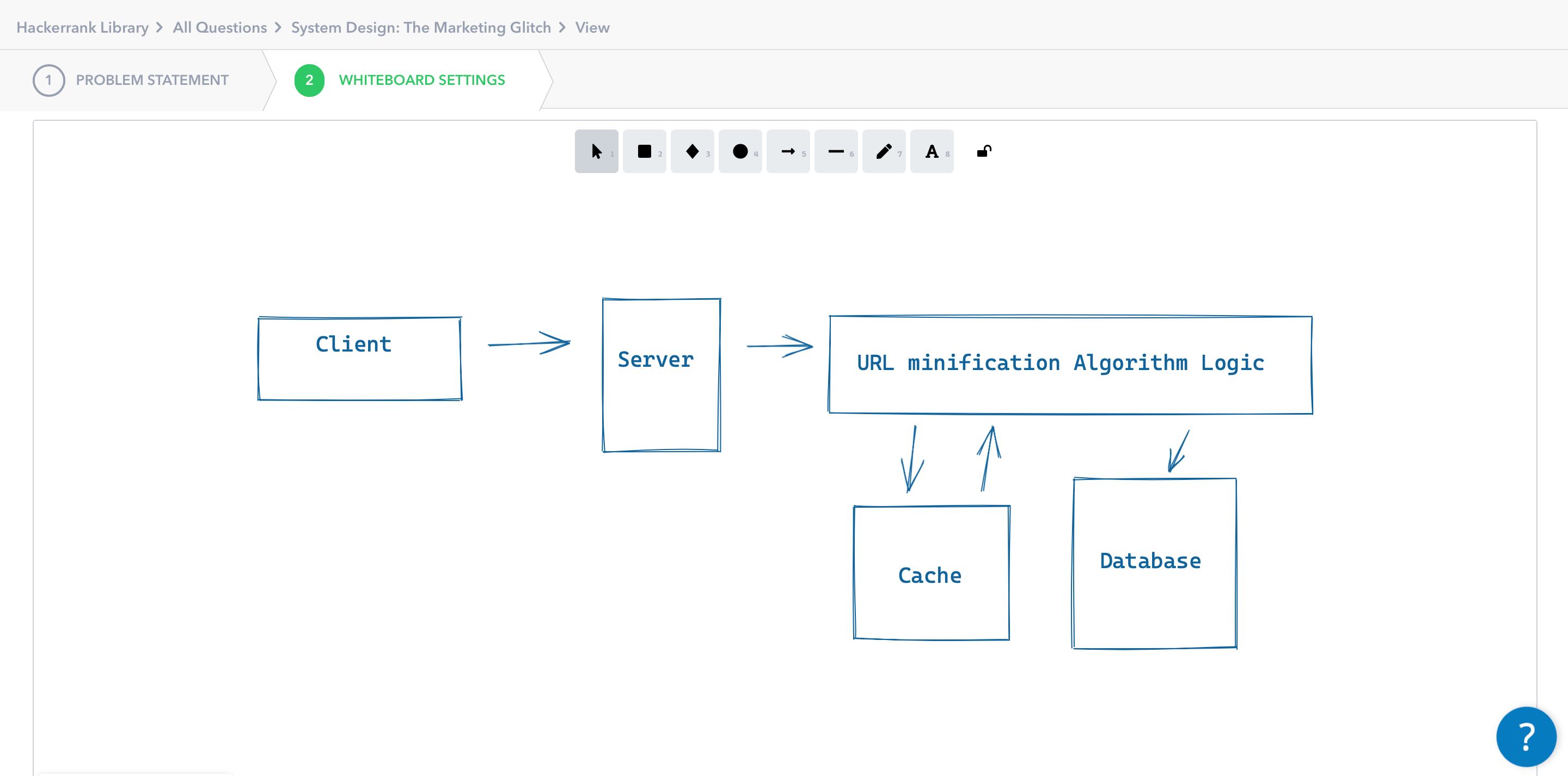 Whiteboard settings of the "System Design: The Marketing Glitch" question in the Hackerrank library